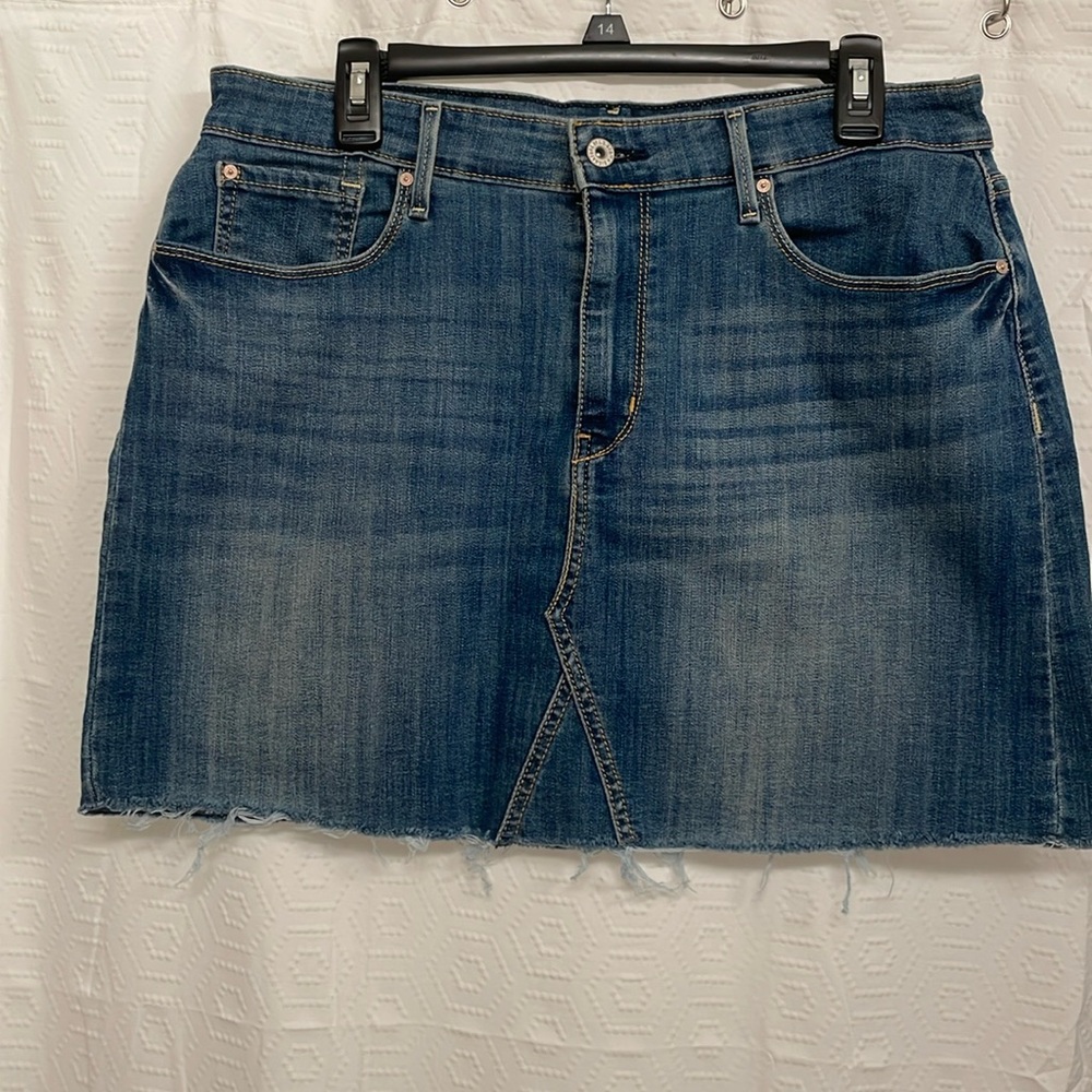Denim skirt, cut off edge, Levi’s brand, soft stretchy denim, like new